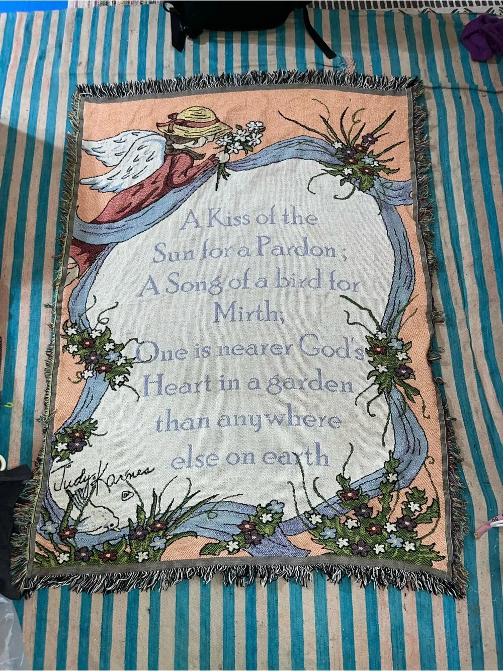 Vintage Woven Tapestry Throw Blanket God’s Garden Poem Frances Gurney Floral